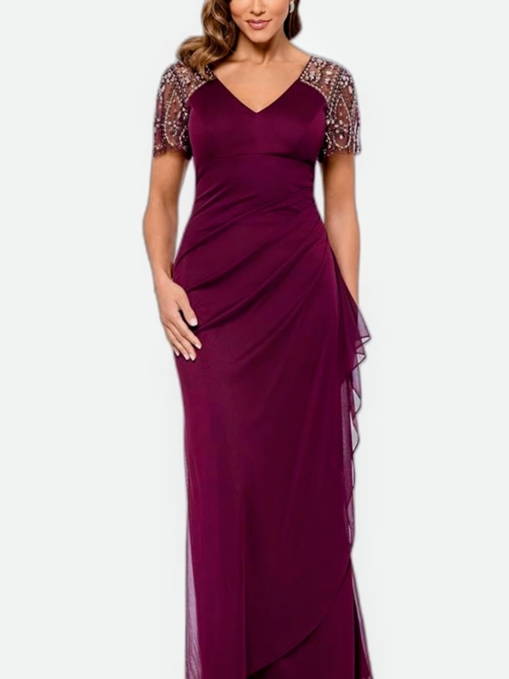 Melanie Lyne Beaded Flutter Sleeve Dress (Plum) – Size 8